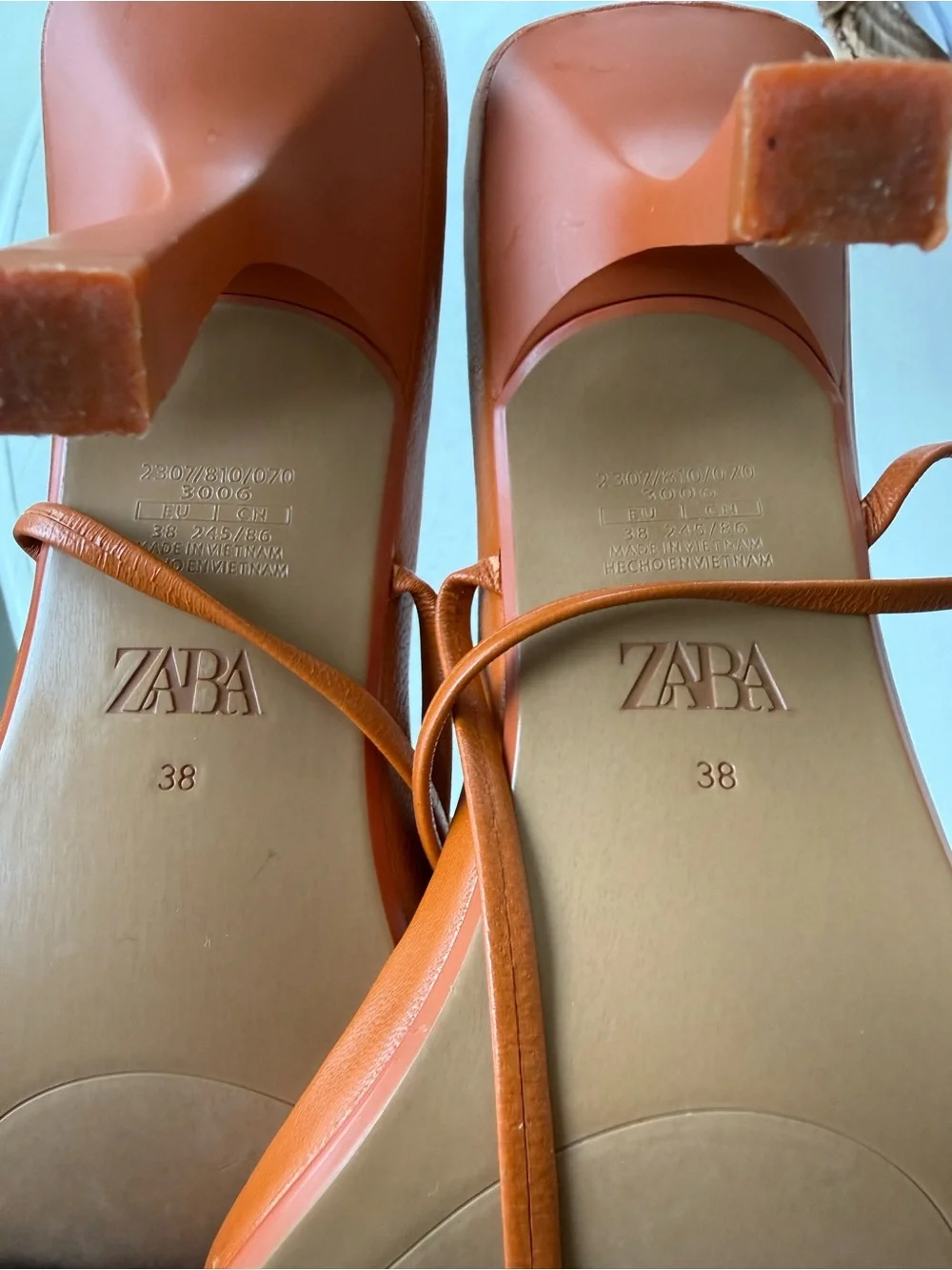 Zara Orange Strappy Lace-Up Goat Leather Heels Sandals Square Toe 38